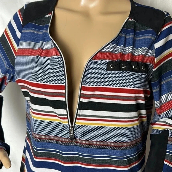LE GRENIER striped blouse,front 3/4 zip,faux laced pocket, velvet  patches. - Picture 9 of 12